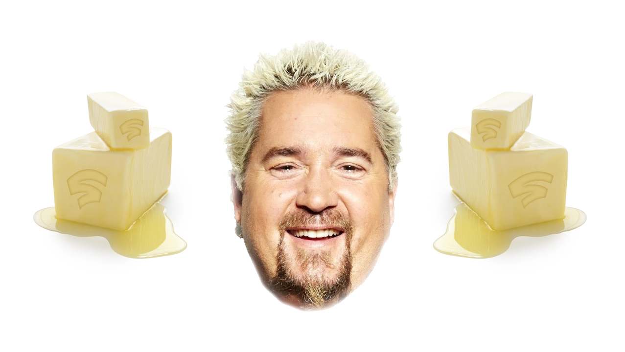 Flavor Town - Guy Fieri, alongside butter with Google Stadia imprints